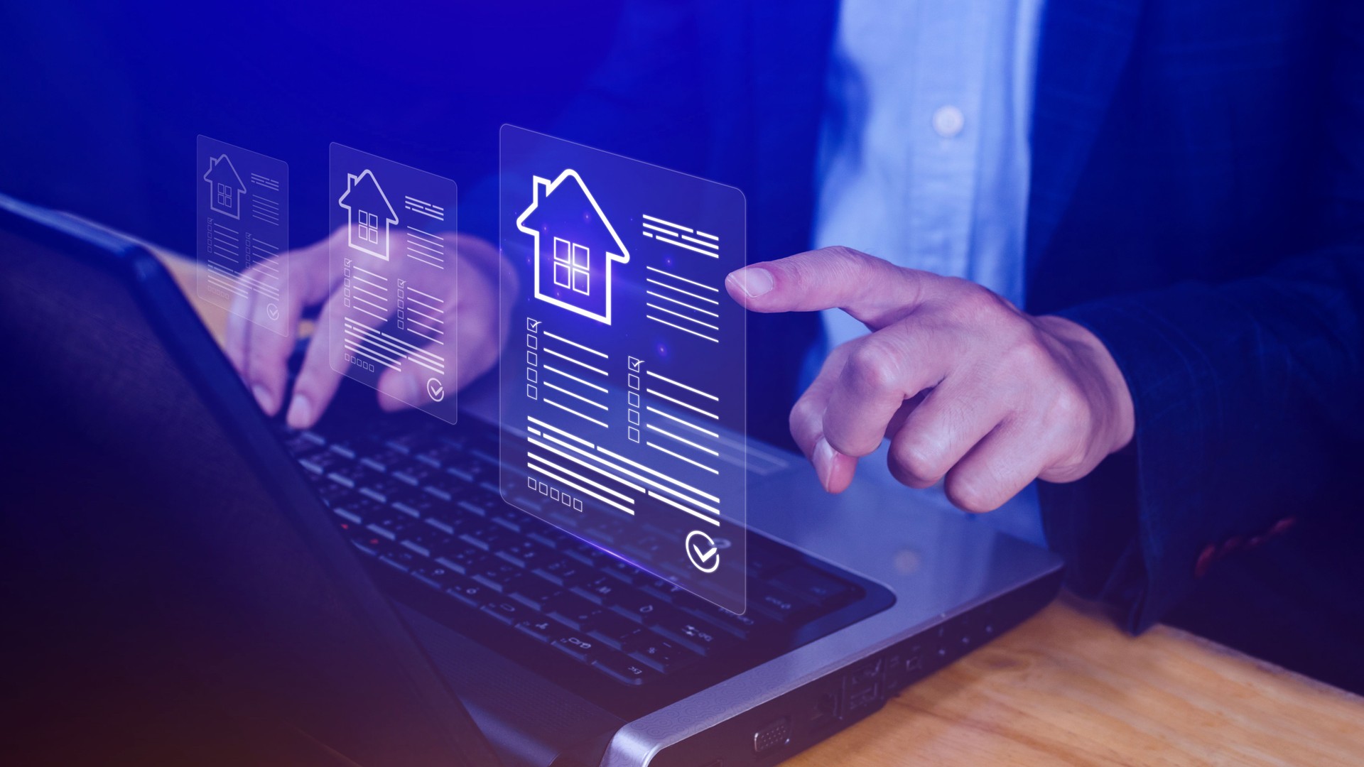 Real estate concept business, home insurance and real estate protection, Buy and sell houses and real estate online on virtual screen, home search, land price, property tax.
